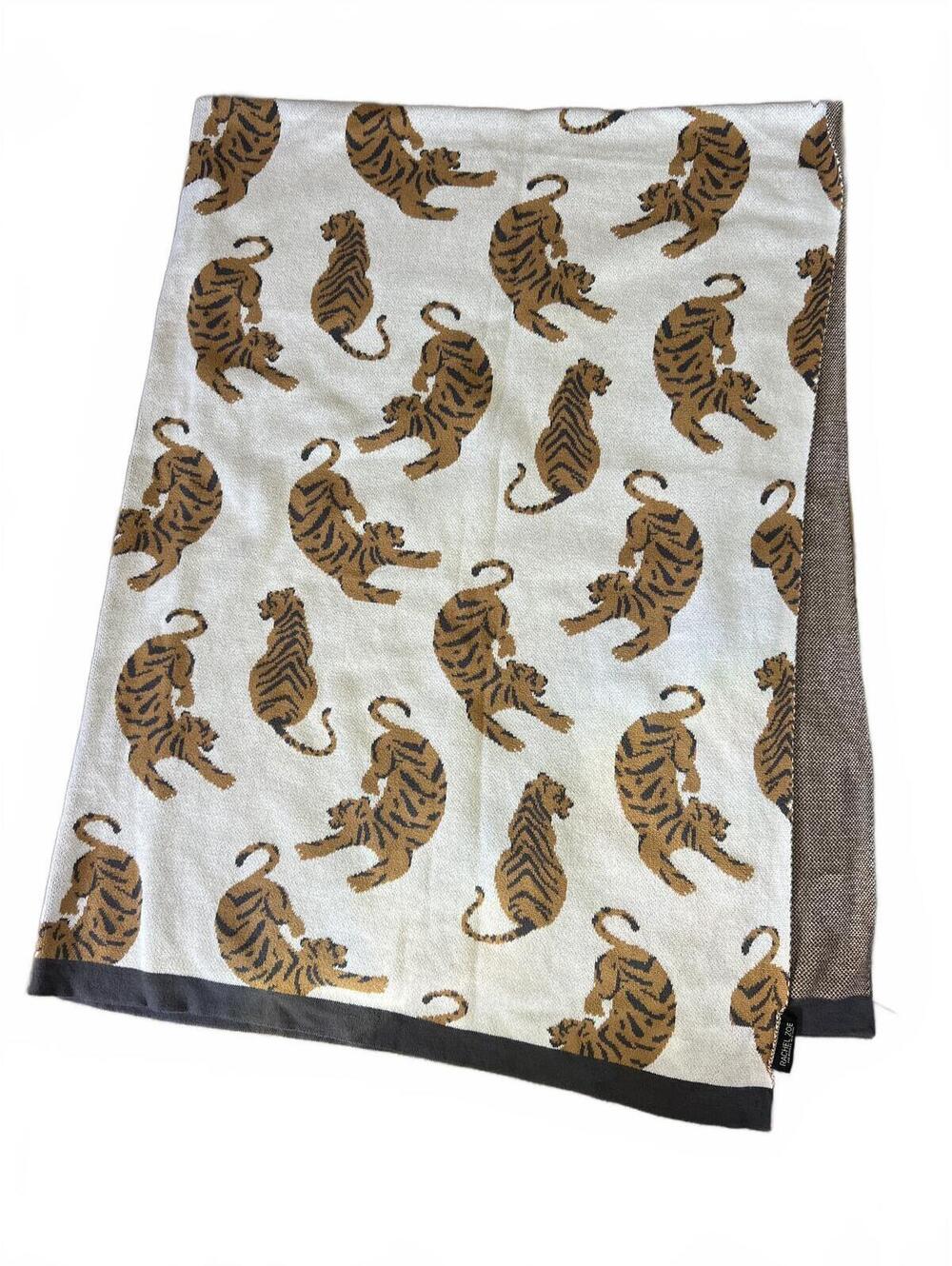 Rachel Zoe Medium Weight 100% Cotton Animal Tiger Throw Blanket w/ Contrast Edge